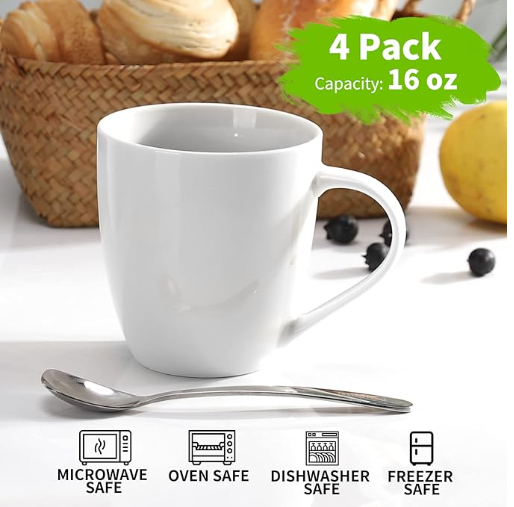 White Coffee Mugs Set of 4, 16 Ounce Coffee Mugs with Handles